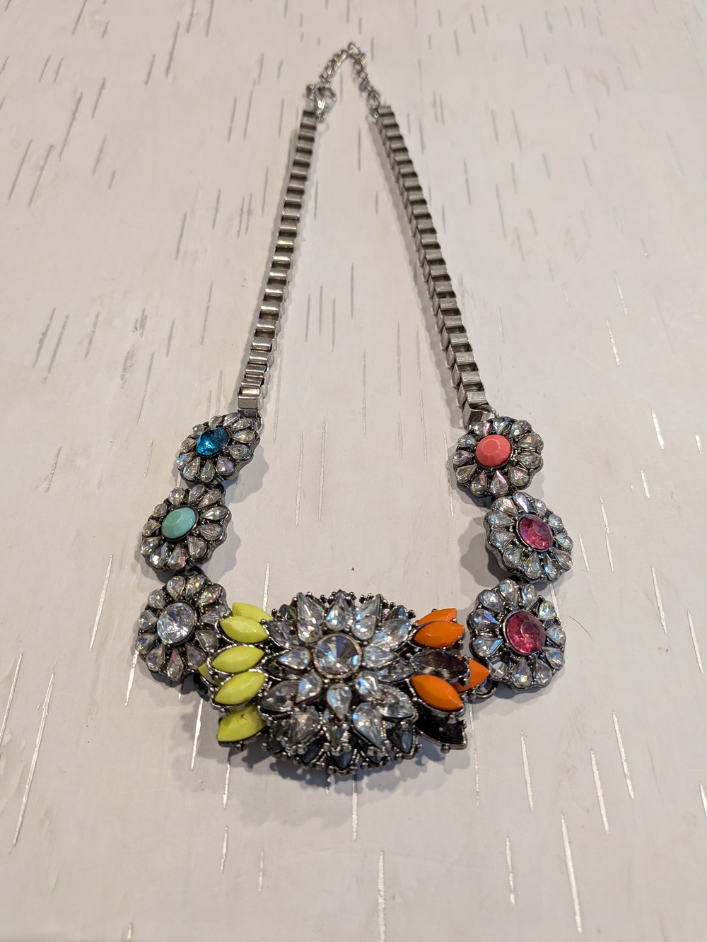 Statement Silver Floral Necklace with Multicolor Stones